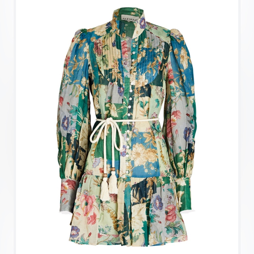 ALEMAIS Sage Belted Floral Linen Mini Dress